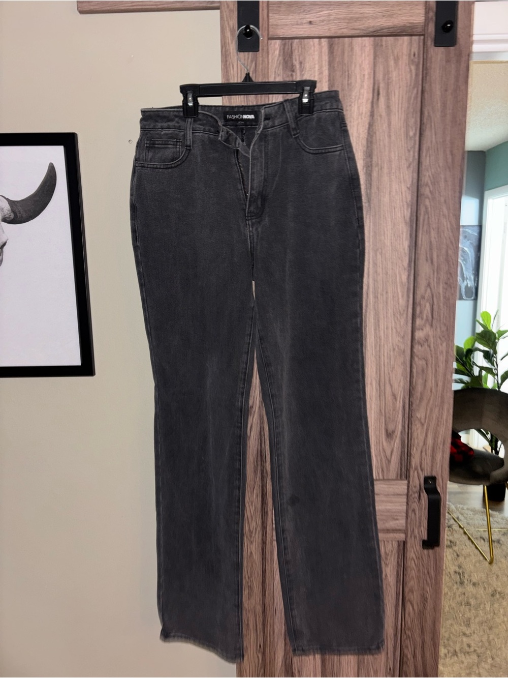 Fashion Nova Women's Charcoal Black High-Rise Straight Jeans LONG JEANS